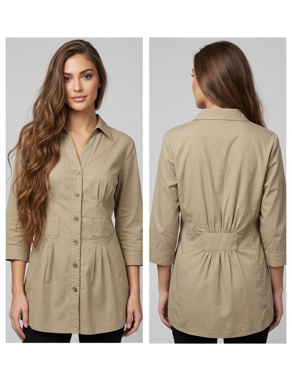 MG Originals Paris Women’s Button-Up Beige Khaki tunic Shirt Size XL 100 Cotton